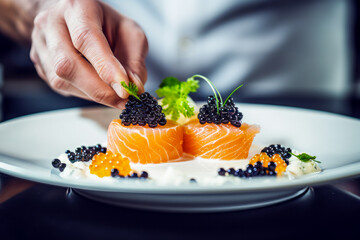 Chef's hands meticulously garnish gourmet dish of salmon rolls topped with caviar on a white plate,...