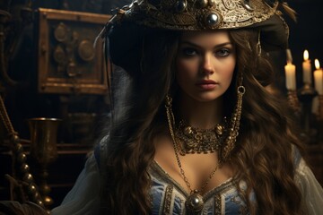 A bold female pirate captain, eyes sparkling like diamonds, adorned in pristine white and gold,...