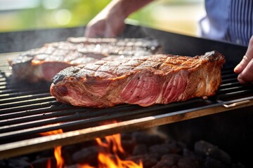 close image of a person checking the t-bone steak on grill - obrazy, fototapety, plakaty