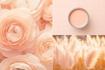 color of the year 2024 peach fuzz creative collage with pampas grass and wall paint