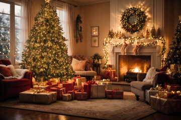 Fireplace. Background for the design of New Year's greetings or Christmas. Cozy Christmas atmosphere