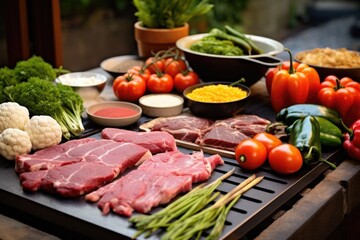 grilling meat and vegetables for making tacos outdoors