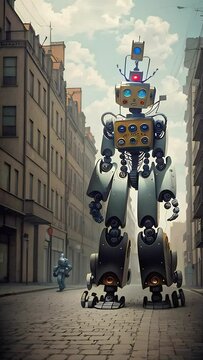 Huge futuristic robot female with blue eyes walks along a city street. Android in an urban environment. Fantasy scene. Technology and science fiction. Motion. Zoom out. Vertical format