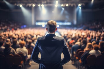 Back view of motivational speaker standing on stage in front of audience for motivation speech on conference or business event - Powered by Adobe