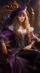A charismatic pirate captain, her eyes gleaming like amethyst jewels, adorned in regal purple and silver, presiding over her trove of treasures from an ornate gold throne that radiates opulence.
