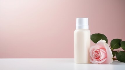 A bottle of lotion and a rose on a table