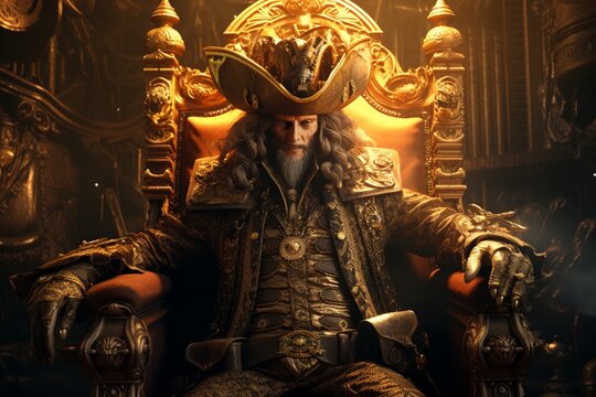 A charismatic pirate monarch, with eyes like amber, dressed in warm bronze and gold, sitting imperiously on a golden throne amidst untold riches.