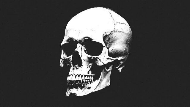 Animation of a white skull on a black background, stop motion style, black and white color