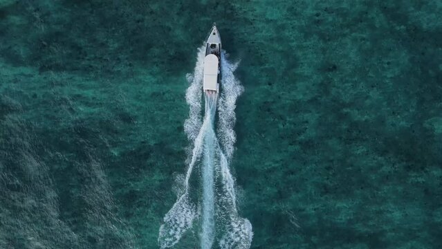 Aerial view of a boat driving in clear blue water, top down perspective, cloudy day.