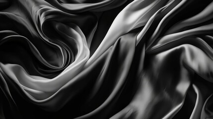 Fototapeta premium Black white silk satin fabric abstract background. Drapery fold crease wavy crumpled. Light shiny glitter shimmer shine. Luxury beauty rich. Sexy. Fluid flow liquid effect. Design. Wallpaper concept.
