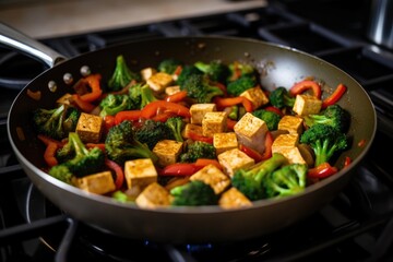 half-done tofu stir-fry in a pan on a stove