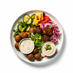 Top-down food photography of a plate of falafel crisp lettuce