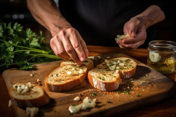 Obraz na płótnie Canvas man using a garlic clove to rub freshly-toasted bread slices
