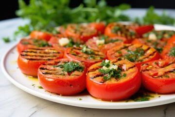 grilled tomatoes cooling off on a serving plate