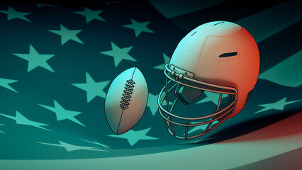 White American football helmet with the American flag behind it, 3d rendering