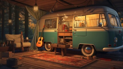 A retro camper bus parked in a tranquil camping site, its cozy interior visible through the windows, blending the spirit of adventure with vintage aesthetics.