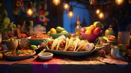 A festive Mexican fiesta with tacos, guacamole, and margaritas.