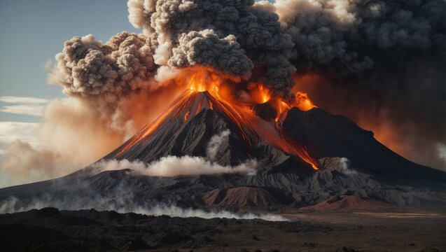 Eruption. Black smoke rises from an active volcano. Natural disasters and climate change concept.