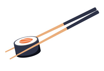 Chopsticks with sushi piece roll. Sushi utensil. Asian seafood. Vector illustration.