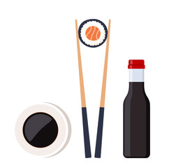 Soy sauce, chopsticks with sushi piece roll. Japanese cuisine, traditional food. Vector illustration.