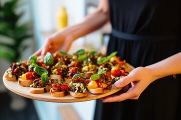 person serving vegan bruschetta on a platter