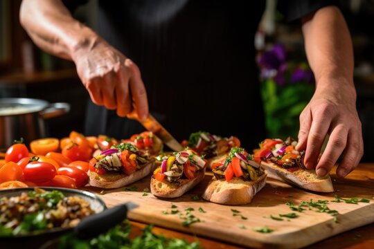 cook adding toppings to vegan bruschetta