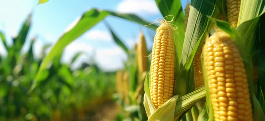 Schilderijen op glas Close-up of ripe golden corn cobs in corn plantation field. Agriculture background. Generative AI © AngrySun