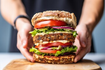a stacked vegan cheese burger in hands - obrazy, fototapety, plakaty