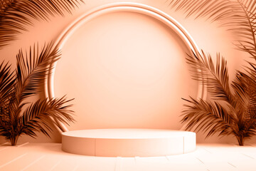 A podium for the demonstration of products with palm leaves. The copy space is peach-colored. 