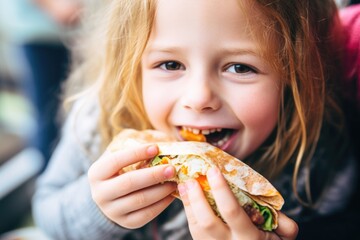 child biting a vegan cheese burrito - obrazy, fototapety, plakaty