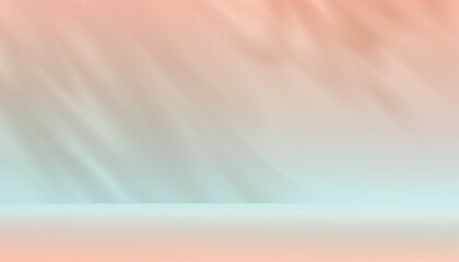 Obraz premium Background Beige Wall Studio,Summer Background,Empty Peach,Blue Room background with Light,Shadow Leaves on Table or Podium,Vector minimal backdrop Mockup for Product Presentation