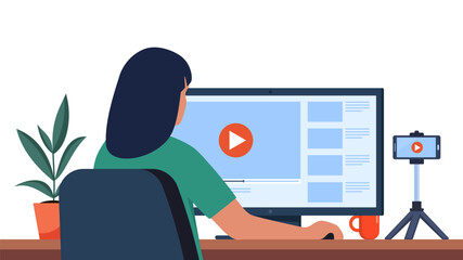 Woman professional video maker sitting at desk and editing video with video editing software. Making visual content for social media. Multimedia and film production concept. Vector illustration. - obrazy, fototapety, plakaty