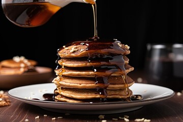 pouring maple syrup on a stack of vegan pancakes - obrazy, fototapety, plakaty