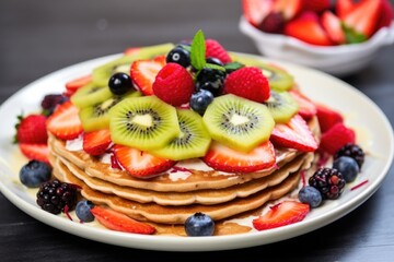 plate of vegan pancakes with fruit toppings