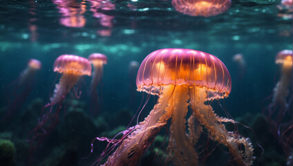 Fototapeta na wymiar Glowing jellyfish swim deep in the deep blue sea. Medusa neon jellyfish fantasy concept.