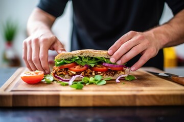 man slicing vegan sandwich on wooden board - obrazy, fototapety, plakaty