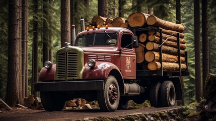 A timeless vintage logging truck in a forest clearing, loaded with logs, showcasing the rugged beauty of early industrial transportation.