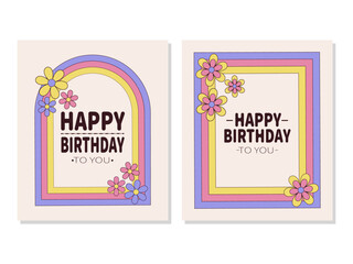 Birthday card set with flowers in groovy style.
