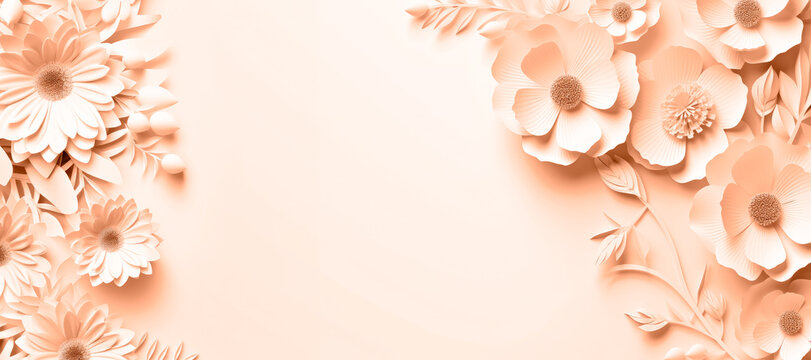 3D rendering of paper-cut plants and flowers on a background. Space for copying. The copy space is peach-colored.