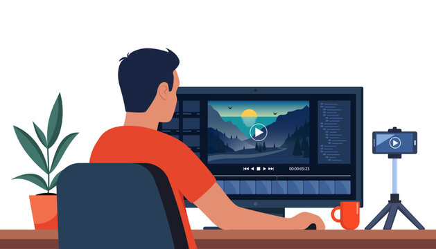 Man professional video maker sitting at desk and editing video with video editing software. Making visual content for social media. Multimedia and film production concept. Vector illustration.
