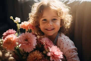 A little girl holding a bunch of flowers, happy Mother's day