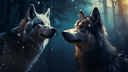 two wolves in the romantic moonlight - obrazy, fototapety, plakaty
