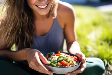 close perspective of a woman enjoying a burrito bowl outdoors