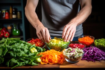 Obraz na płótnie Canvas man seasoning a vibrant medley of vegetables for a burrito bowl