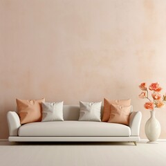 On the light sofa in the living room are peach-colored pillows, next to it is a white vase with orange artificial flowers