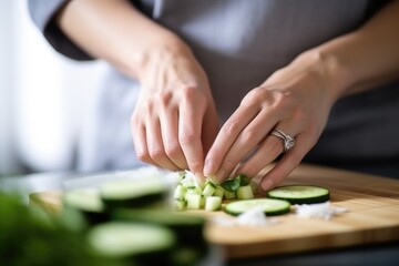Obraz na płótnie Canvas close view of woman placing cut cucumber on sushi rice