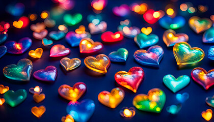 Fototapeta na wymiar Multi-colored glass hearts, a garland of hearts on a navy background. Festive background for Valentine's Day, bokeh
