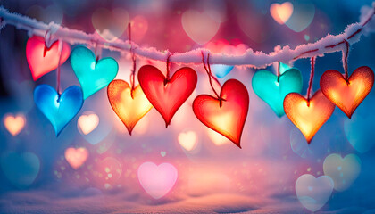 Multi-colored glass hearts, a garland of hearts on a navy background. Festive background for Valentine's Day, bokeh - obrazy, fototapety, plakaty