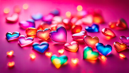 Multi-colored glass hearts, a garland of hearts on a pink background. Festive background for Valentine's Day, bokeh