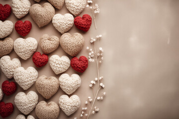Beige and red knitted wool hearts on neutral background with copy space. Valentine's Day card.